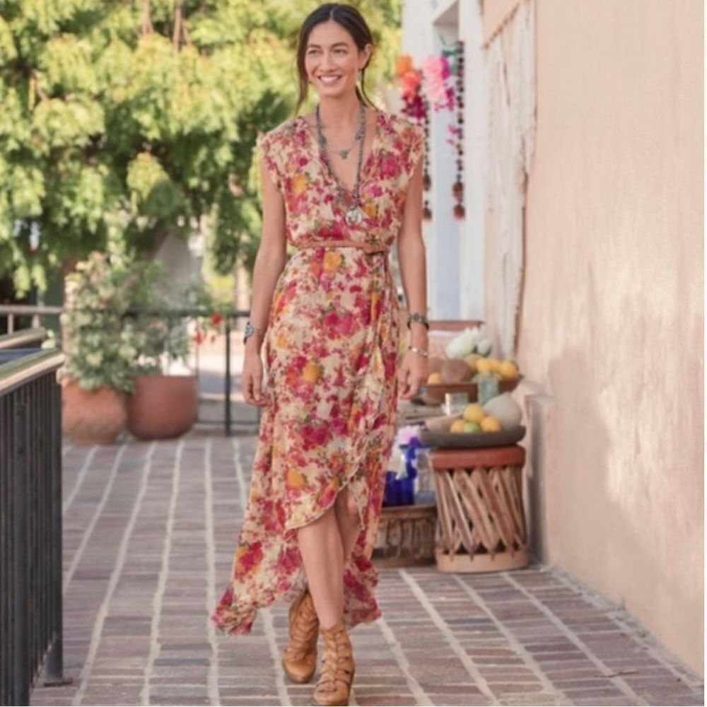 SUNDANCE Peony Spirit Boho Floral Sheer Maxi Dress Sz S